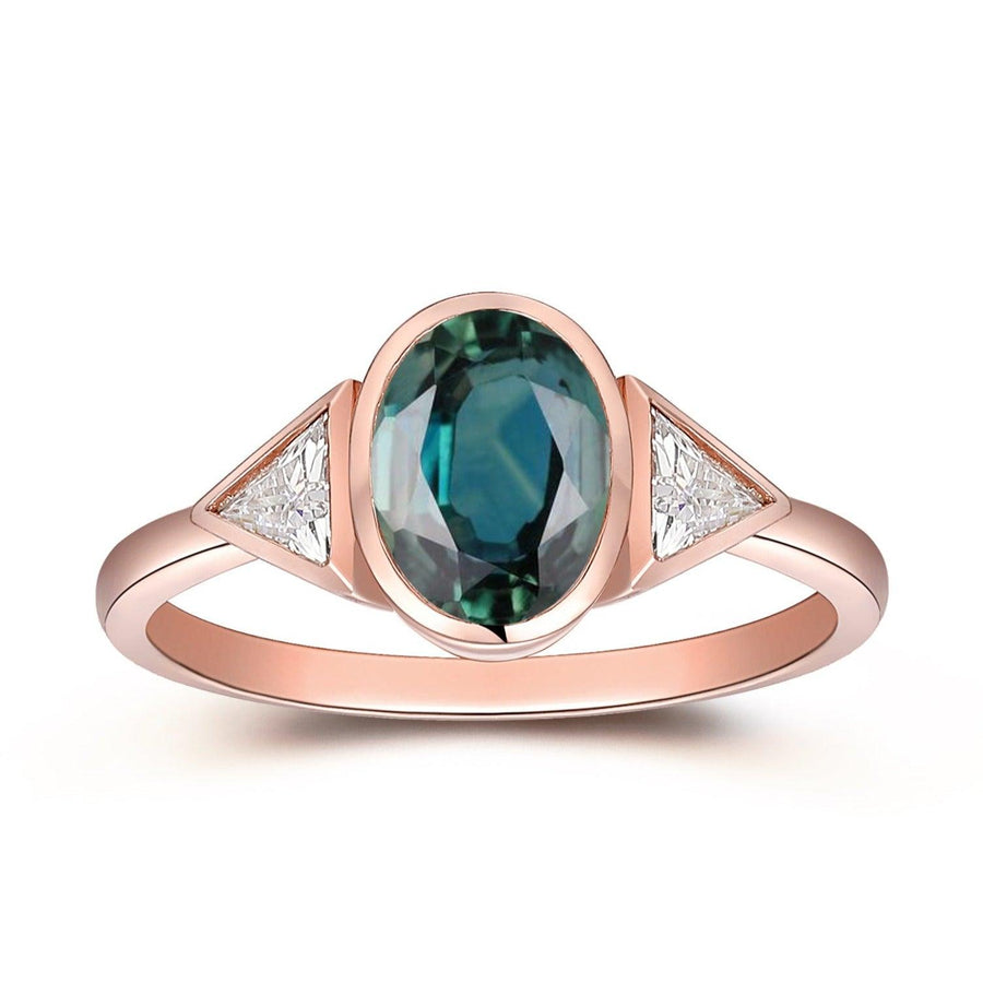 Oval Teal Sapphire Engagement Triangle Bridal Blue Green Sapphire Gold Moissanite Ring - Esdomera