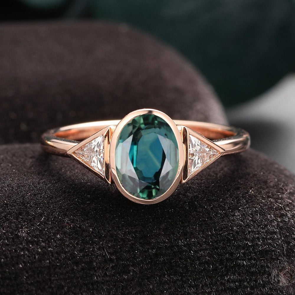 Oval Teal Sapphire Engagement Triangle Bridal Blue Green Sapphire Gold Moissanite Ring - Esdomera