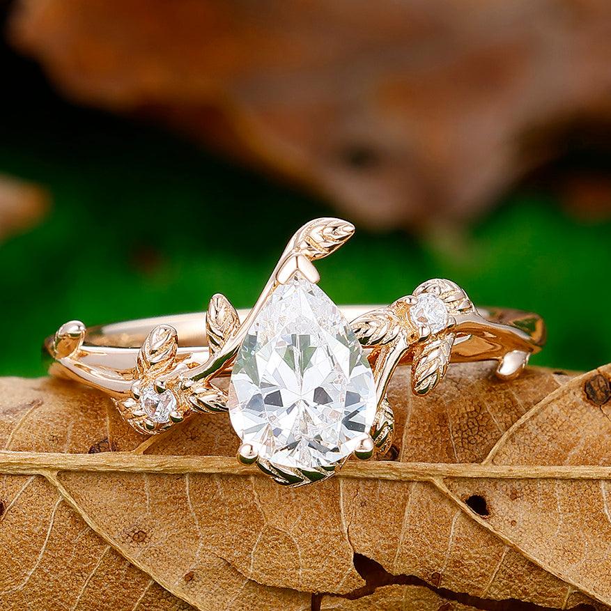 Pear Cut Lab Grown Diamond Engagement Leaf Women Ring - Esdomera