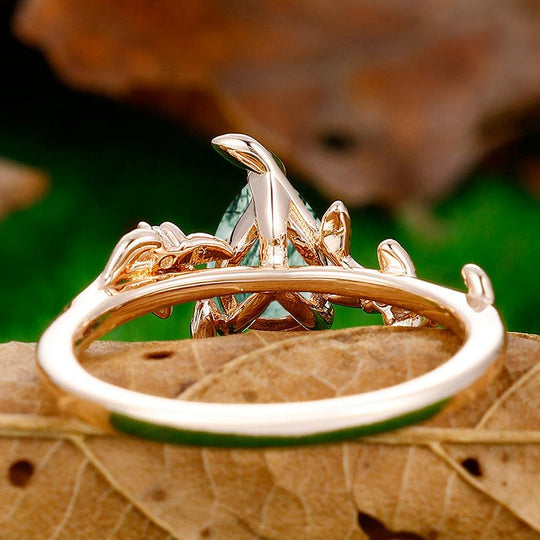 Pear Cut Natural Moss Agate Engagement Leaf Shape Ring For Anniversary Gift - Esdomera