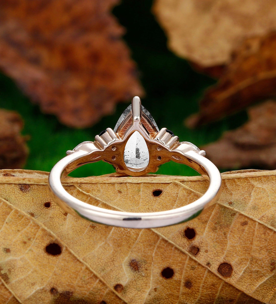 Pear Shaped 1.5CT Herkimer Diamond Rose Gold 7 Stone Black Onyx Bridal Wedding Ring - Esdomera