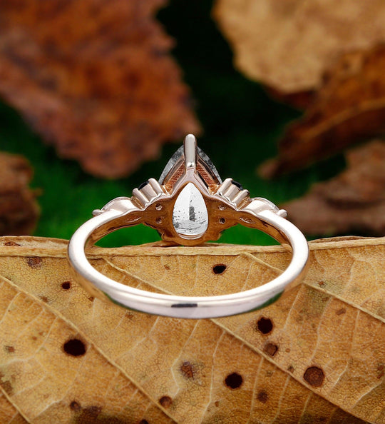 Pear Shaped 1.5CT Herkimer Diamond Rose Gold 7 Stone Black Onyx Bridal Wedding Ring - Esdomera