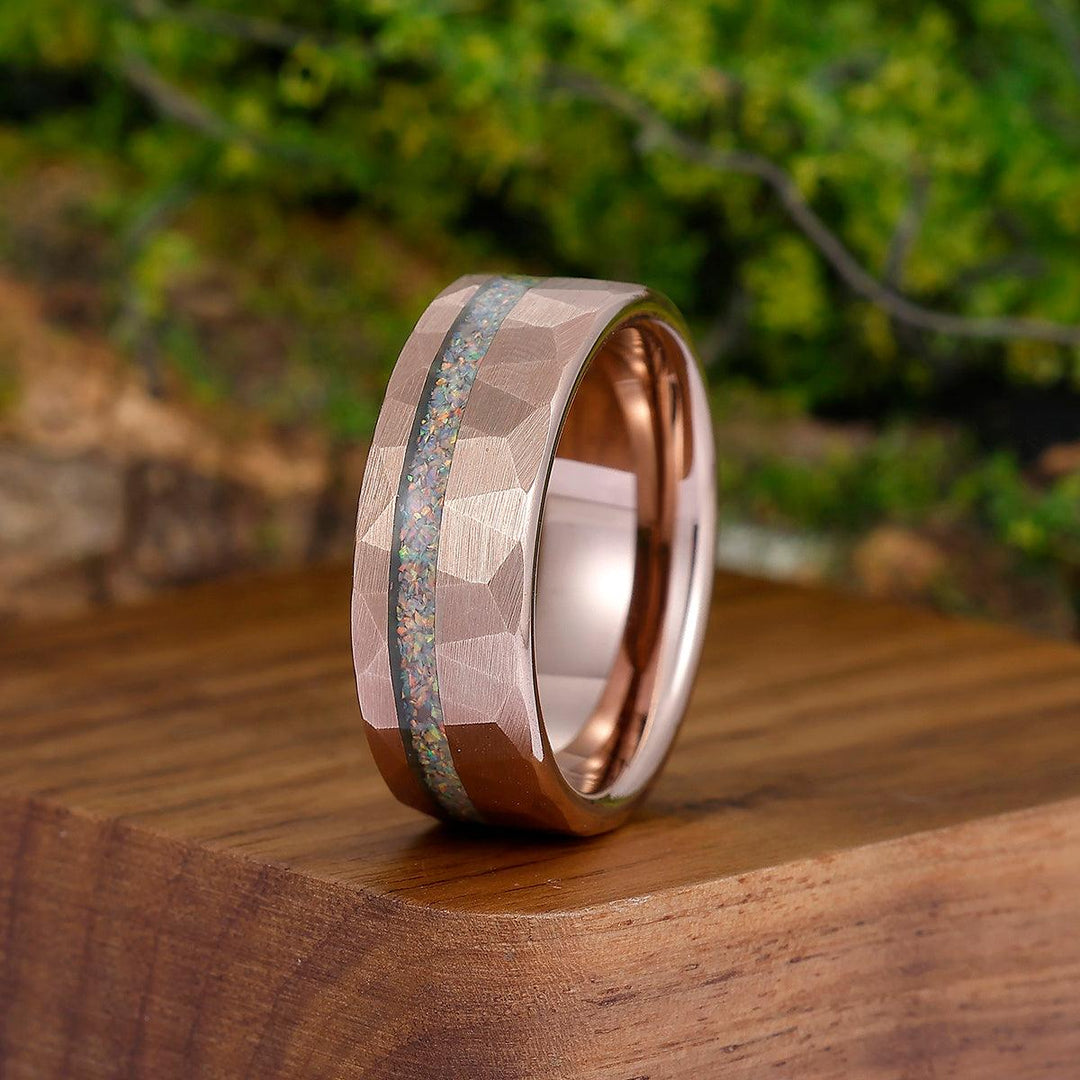 Pink White Opal Rose Gold Plated Tungsten Wedding Band Hammer Men' s Unisex Ring - Esdomera