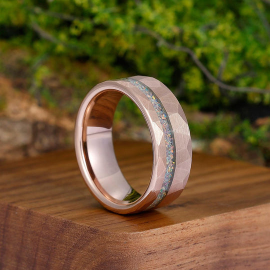 Pink White Opal Rose Gold Plated Tungsten Wedding Band Hammer Men' s Unisex Ring - Esdomera