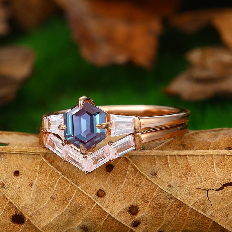 Prong Claw Baguette 14k Solid Gold Hexagon Cut Alexandrite Engagement Ring - Esdomera