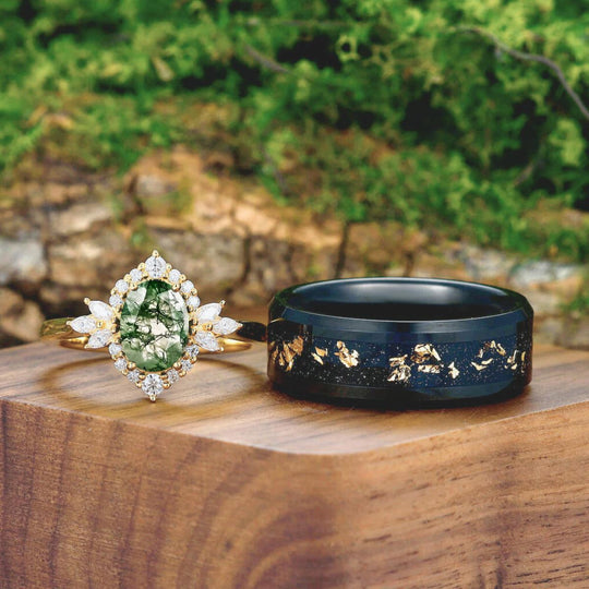 Prong Setting Moss Agate Floral Couples Ring Matching Gold Leaf Black Tungsten Wedding Ring - Esdomera