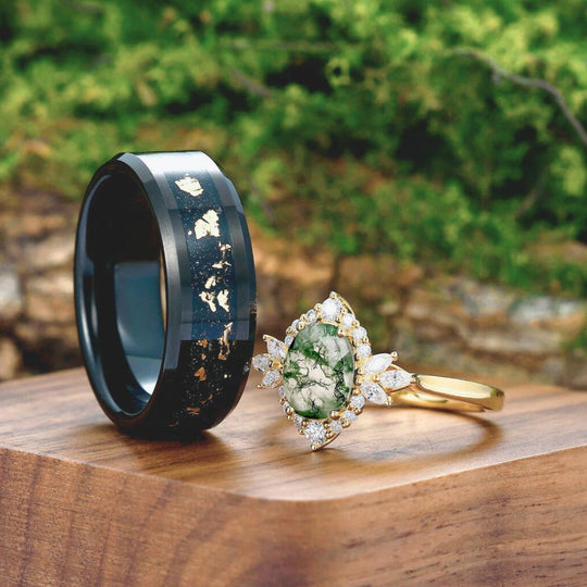 Prong Setting Moss Agate Floral Couples Ring Matching Gold Leaf Black Tungsten Wedding Ring - Esdomera