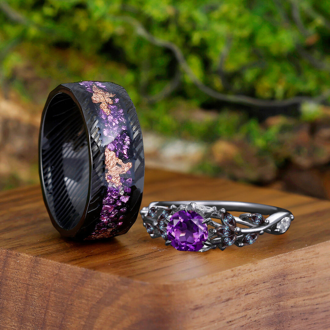 Purple Amethyst Engagement Branches Couples Rings Damascus Steel Wedding Bands For Men For Women - Esdomera