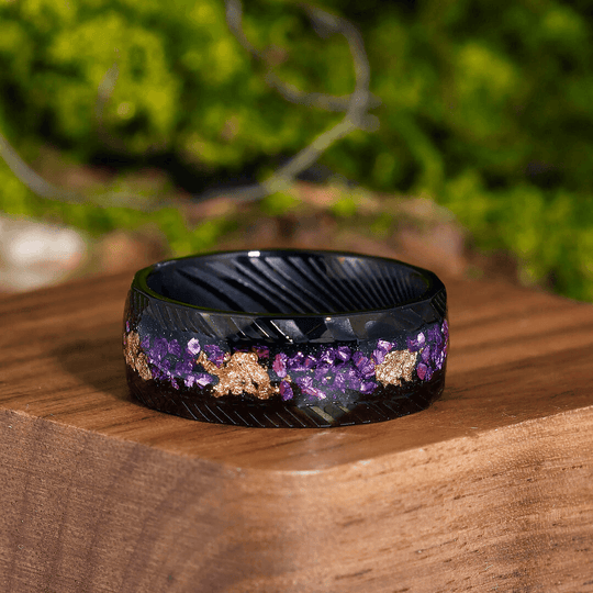 Purple Amethyst Engagement Branches Couples Rings Damascus Steel Wedding Bands For Men For Women - Esdomera