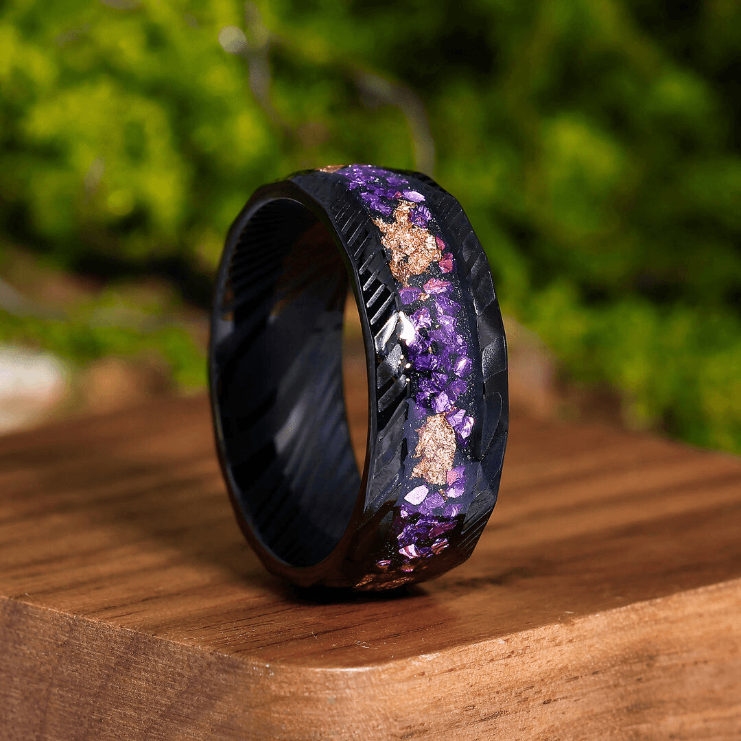 Purple Amethyst Engagement Branches Couples Rings Damascus Steel Wedding Bands For Men For Women - Esdomera