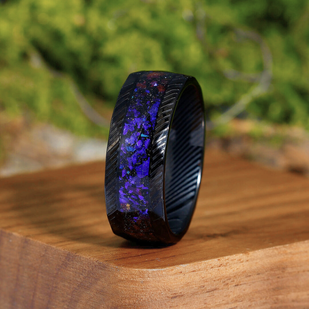 Purple Galaxy Stone Hammered Damascus Steel Men's Ring 8mm Men's Black Promise Wedding Ring - Esdomera