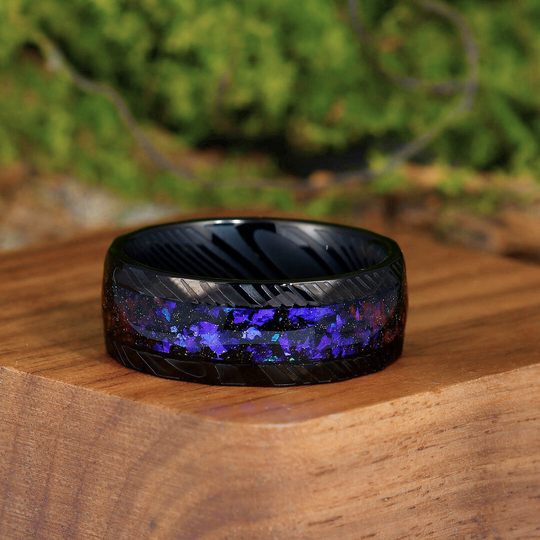 Purple Galaxy Stone Hammered Damascus Steel Men's Ring 8mm Men's Black Promise Wedding Ring - Esdomera