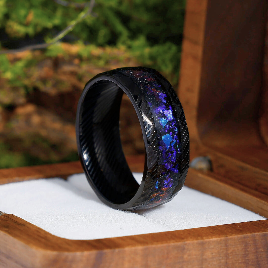 Purple Galaxy Stone Hammered Damascus Steel Men's Ring 8mm Men's Black Promise Wedding Ring - Esdomera