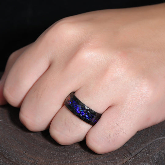 Purple Galaxy Stone Hammered Damascus Steel Men's Ring 8mm Men's Black Promise Wedding Ring - Esdomera