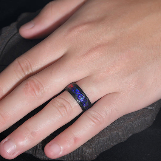 Purple Galaxy Stone Hammered Damascus Steel Men's Ring 8mm Men's Black Promise Wedding Ring - Esdomera