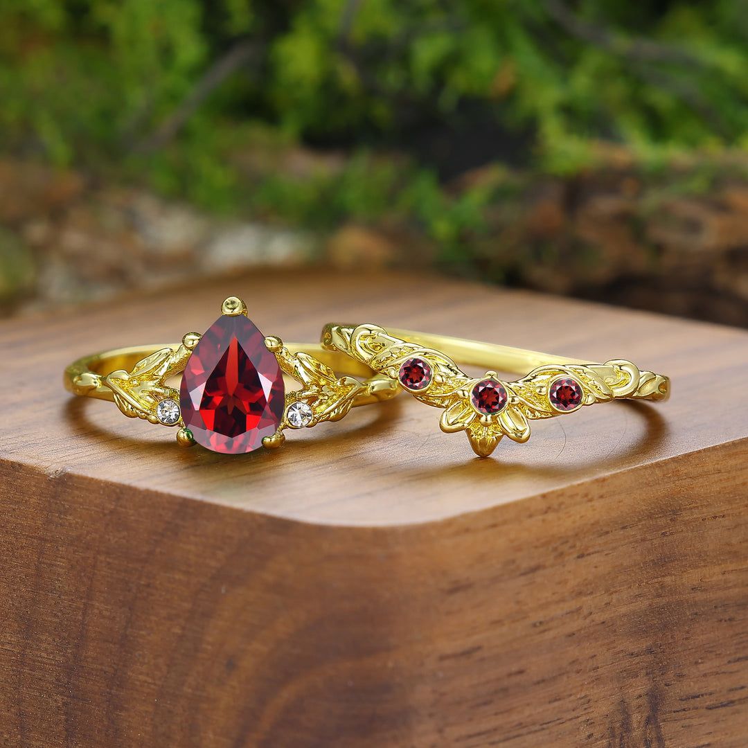 Unique Leaf Design Pear Cut Natural Red Garnet Couple Rings Silver And Tungsten Matching Rings