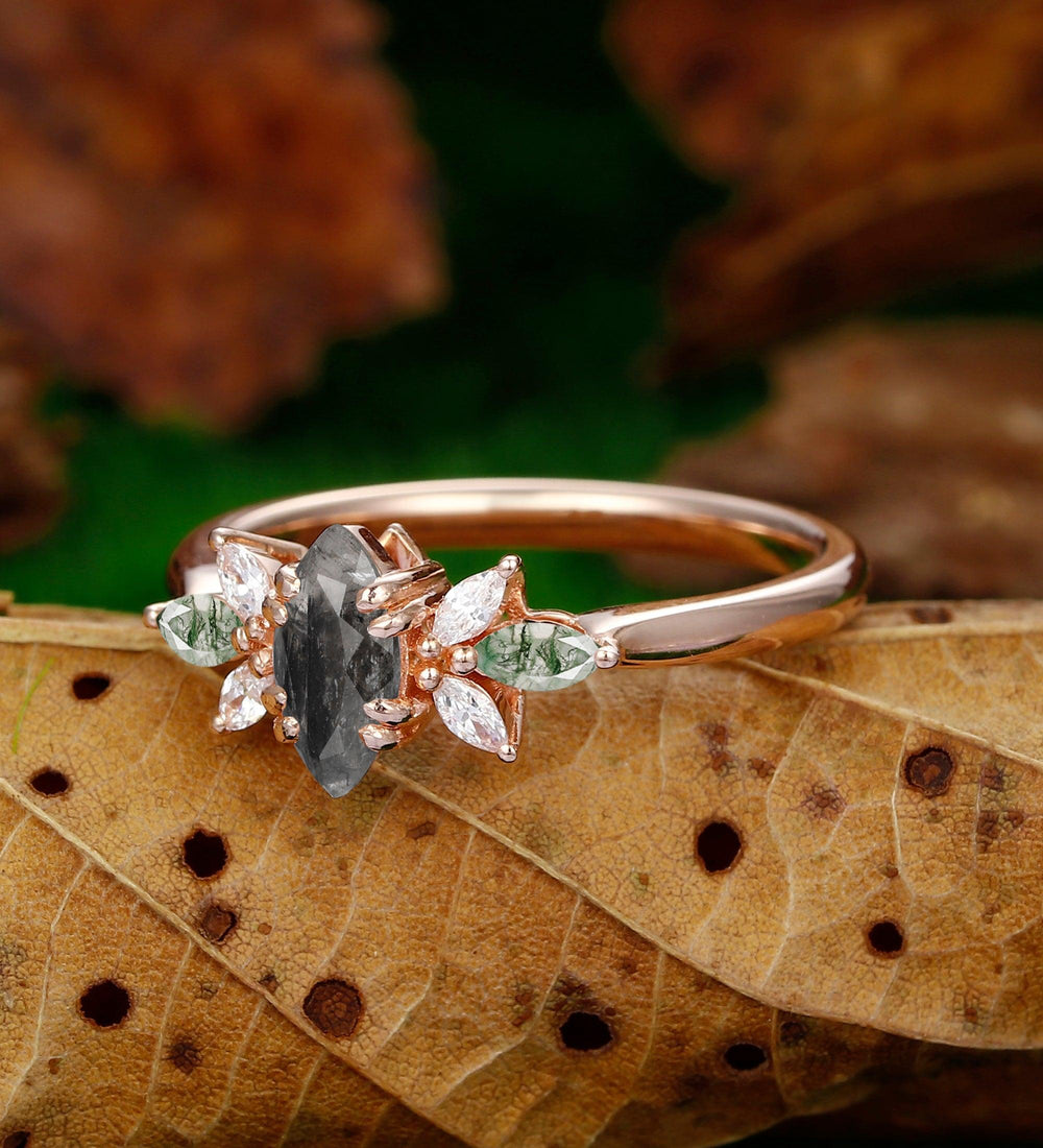Raw Marquise Shaped Herkimer Diamond Ring Antique Bridal Ring Art Deco Moss Agate Wedding Ring - Esdomera