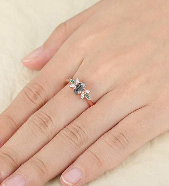 Raw Marquise Shaped Herkimer Diamond Ring Antique Bridal Ring Art Deco Moss Agate Wedding Ring - Esdomera