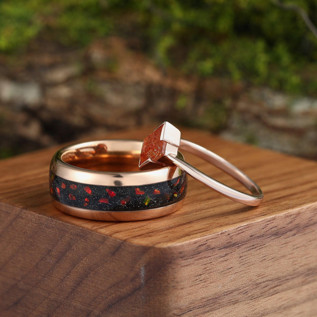 Red Fire Opal & Galaxy Sandstone His and Hers Wedding Band Sliver Natural Sunstone Rhombus Cut Rose Gold Couples Ring Set - Esdomera