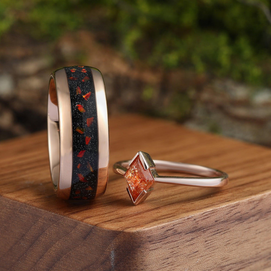 Red Fire Opal & Galaxy Sandstone His and Hers Wedding Band Sliver Natural Sunstone Rhombus Cut Rose Gold Couples Ring Set - Esdomera