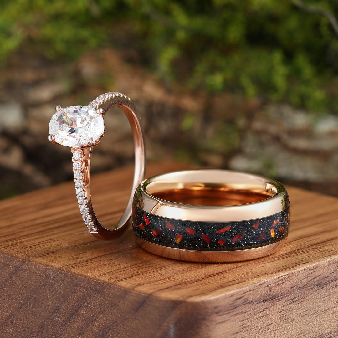 Red Fire Opal Garnet & Galaxy Blue Sandstone Couples Ring Set Oval Cut Moissanite Matching Ring - Esdomera
