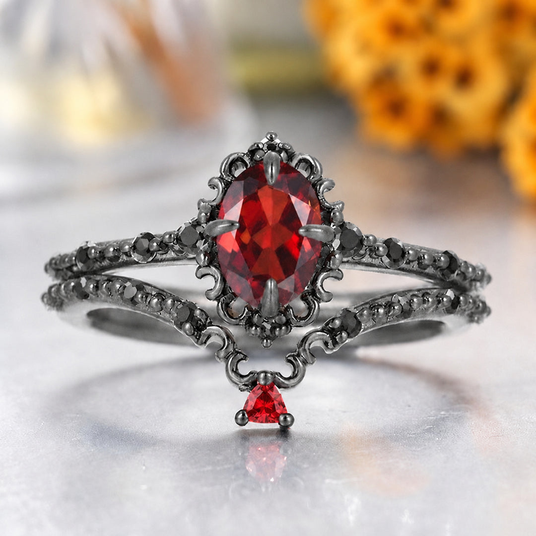 Custom Order - Filigreed Black Plated Oval Cut Red Garnet Ring Set