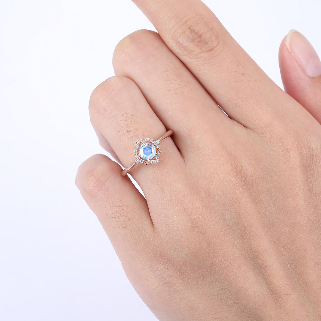 Retro 0.55CT Hexagon Cut Floral Moonstone Engagement Ring Deco Milgrain Moissanite Ring - Esdomera