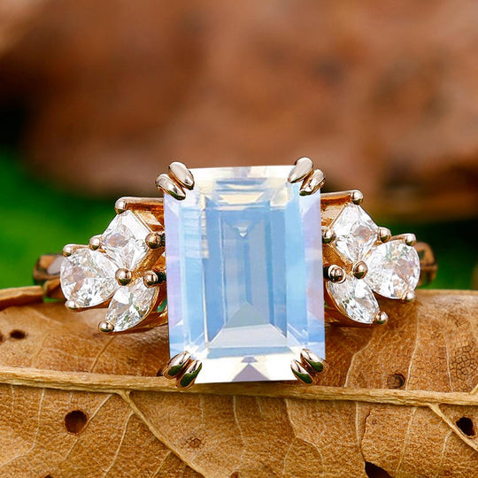 Retro 3.5CT Emerald Cut Moonstone Ring Prong Setting Moissanite Inlay Bridal Ring - Esdomera