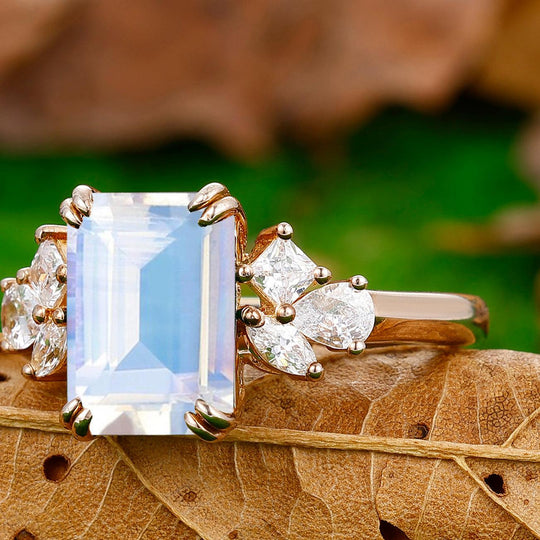 Retro 3.5CT Emerald Cut Moonstone Ring Prong Setting Moissanite Inlay Bridal Ring - Esdomera