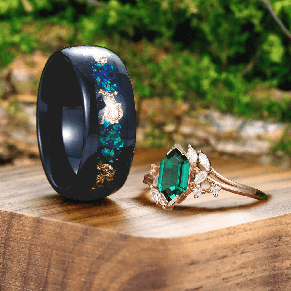 Retro Emerald Engagement Petal Promise Ring For Men For Women Green Tungsten Matching Couple Rings Set - Esdomera