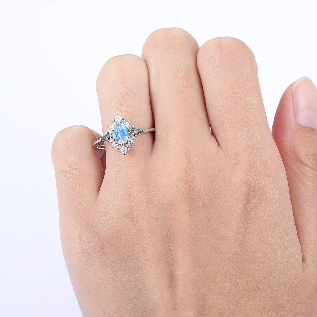 Retro Floral Cluster 0.8CT Oval Cut Moonstone Engagement Ring For Anniversary Gift - Esdomera