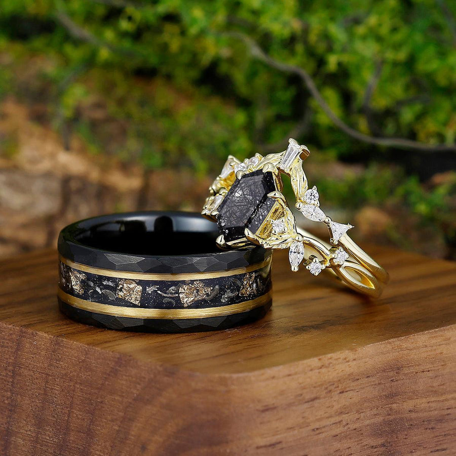 Retro Long Hexagon Black Rutilated Quartz Leaves Couples Rings Set Tungsten Matching Couple Set - Esdomera