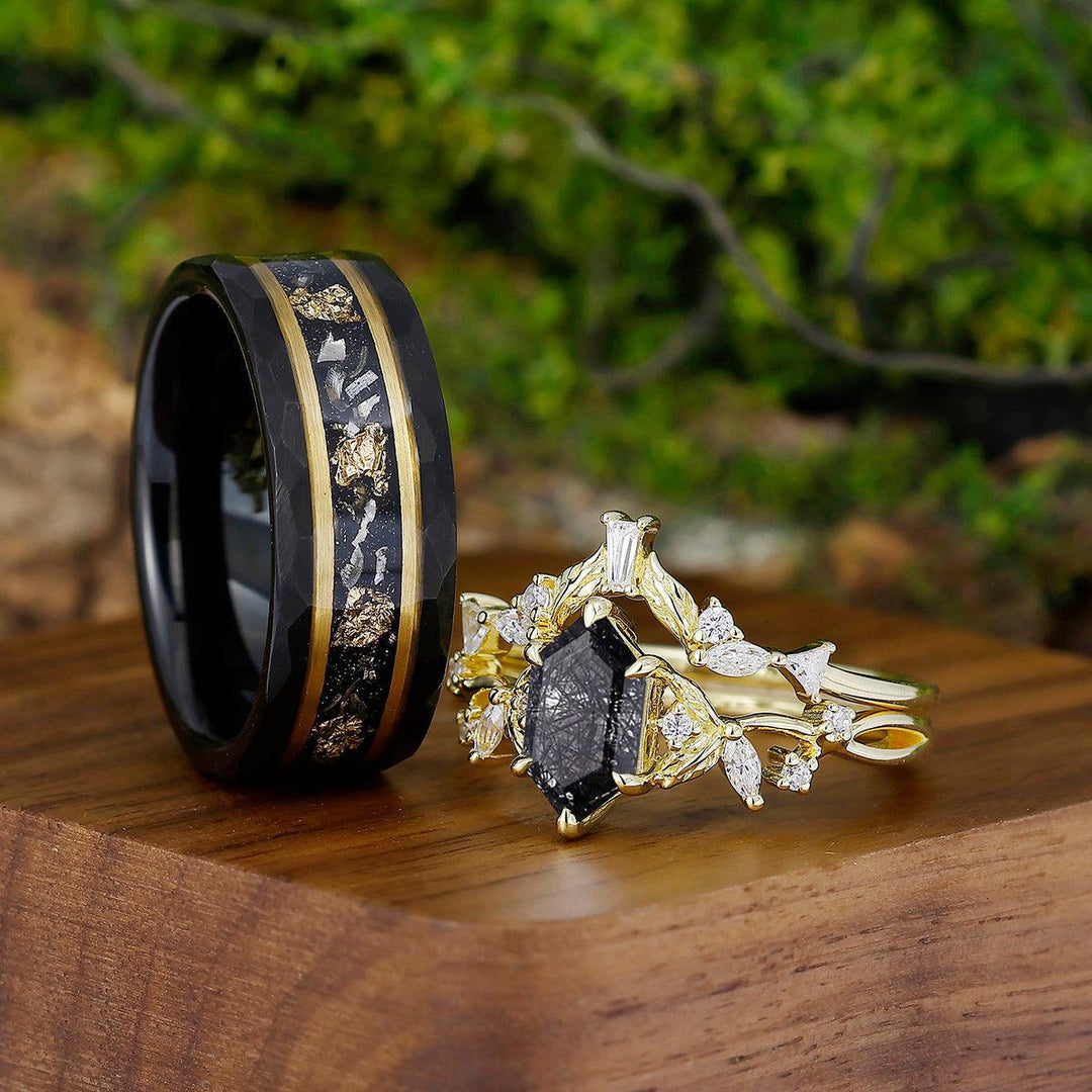 Retro Long Hexagon Black Rutilated Quartz Leaves Couples Rings Set Tungsten Matching Couple Set - Esdomera