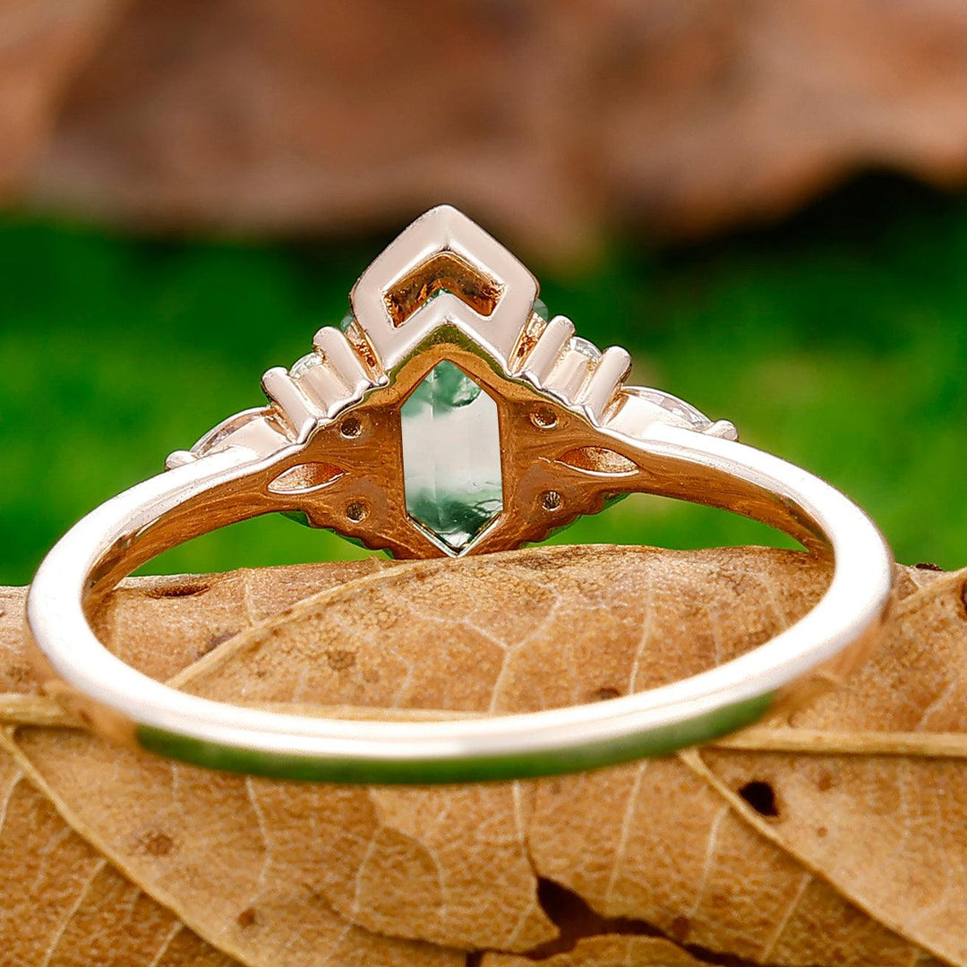 Retro Long Hexagon Cut Moss Agate Ring 925 Sterling Silver Ring Solid Gold Ring - Esdomera