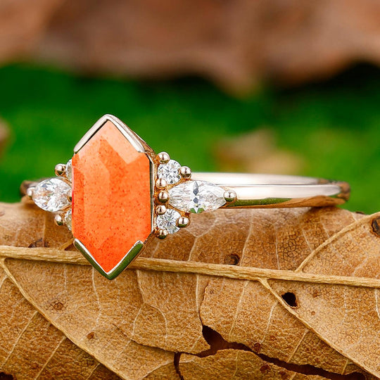 Retro Long Hexagon Cut Sunstone Ring 925 Sterling Silver Ring Solid Gold Ring - Esdomera