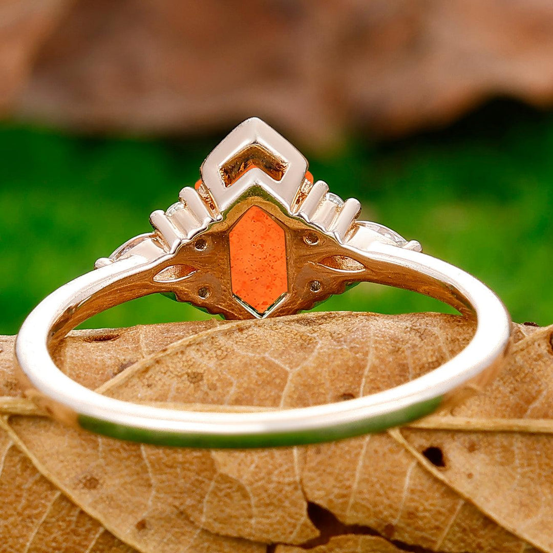 Retro Long Hexagon Cut Sunstone Ring 925 Sterling Silver Ring Solid Gold Ring - Esdomera