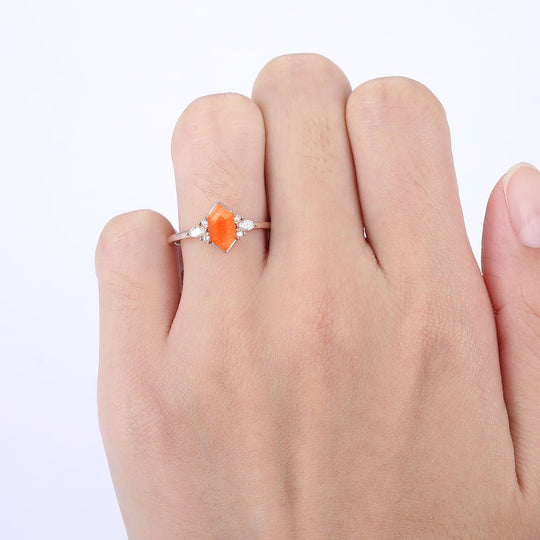 Retro Long Hexagon Cut Sunstone Ring 925 Sterling Silver Ring Solid Gold Ring - Esdomera