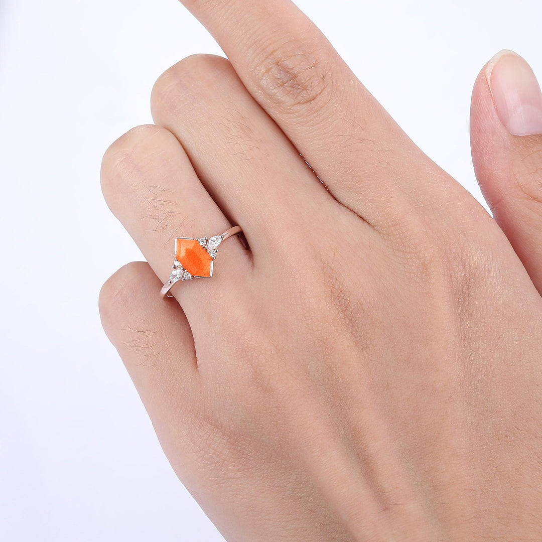 Retro Long Hexagon Cut Sunstone Ring 925 Sterling Silver Ring Solid Gold Ring - Esdomera