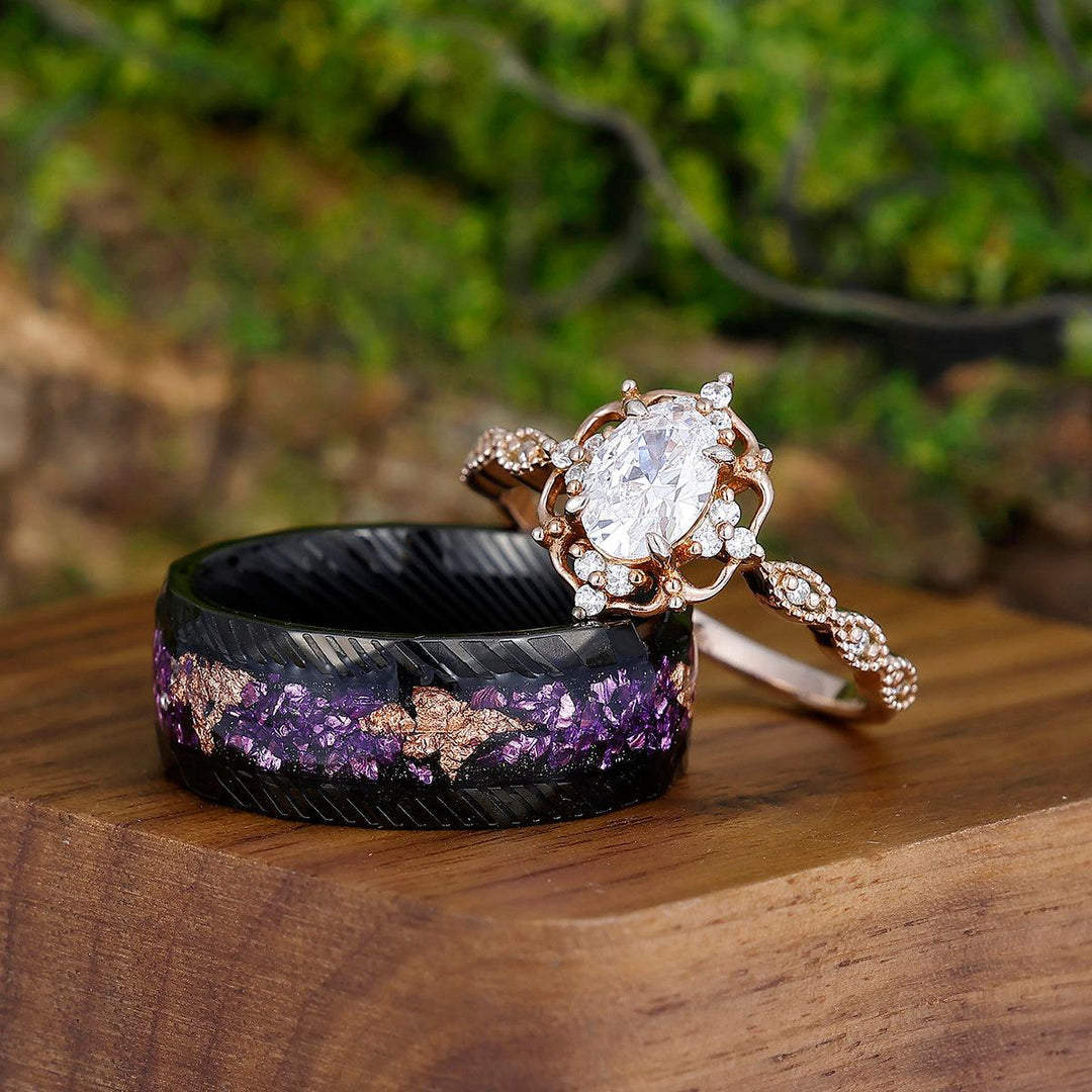 Retro Moissanite Engagement Vine Matching Promise Rings Amethyst Couples' Band Marriage Ring Set - Esdomera