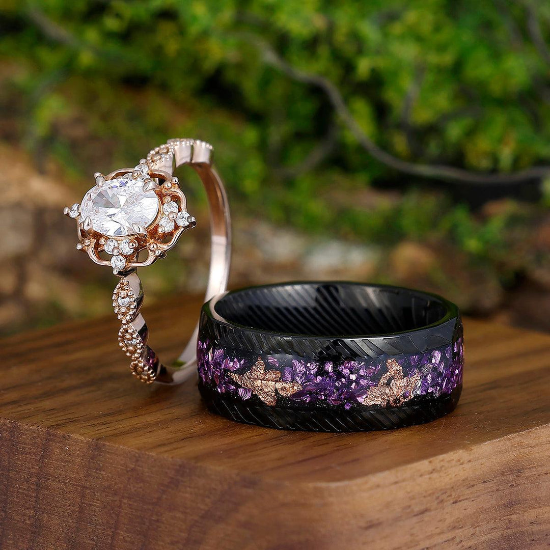 Retro Moissanite Engagement Vine Matching Promise Rings Amethyst Couples' Band Marriage Ring Set - Esdomera