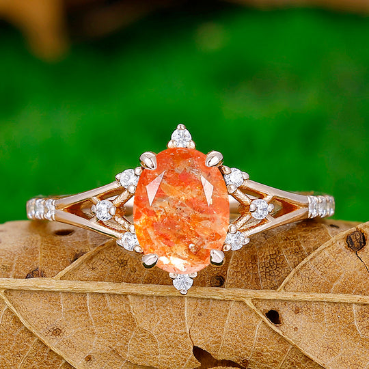 Retro Natural Orange Sunstone Floral Engagement Ring Promise Bridal Ring - Esdomera