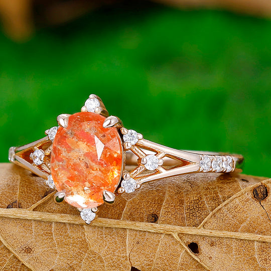 Retro Natural Orange Sunstone Floral Engagement Ring Promise Bridal Ring - Esdomera