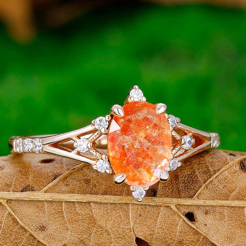 Retro Natural Orange Sunstone Floral Engagement Ring Promise Bridal Ring - Esdomera