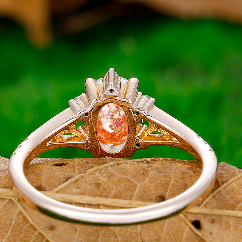 Retro Natural Orange Sunstone Floral Engagement Ring Promise Bridal Ring - Esdomera