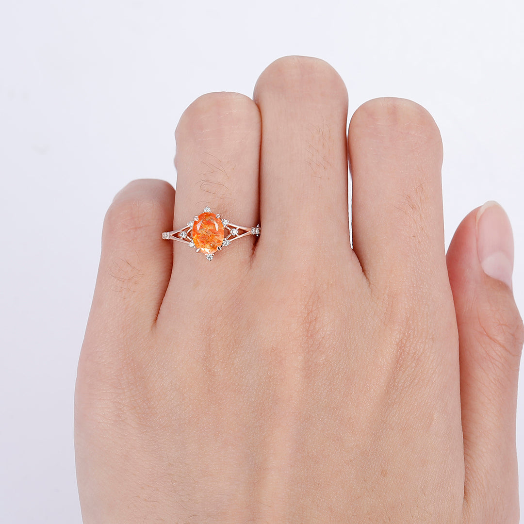 Retro Natural Orange Sunstone Floral Engagement Ring Promise Bridal Ring - Esdomera