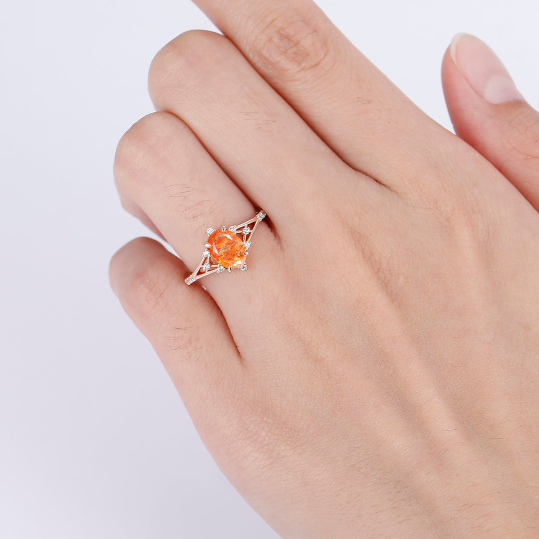 Retro Natural Orange Sunstone Floral Engagement Ring Promise Bridal Ring - Esdomera