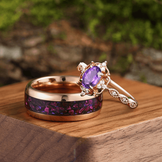 Retro Oval Amethyst Engagement Cluster Wedding Ring Set Tungsten Promise Couples Ring - Esdomera