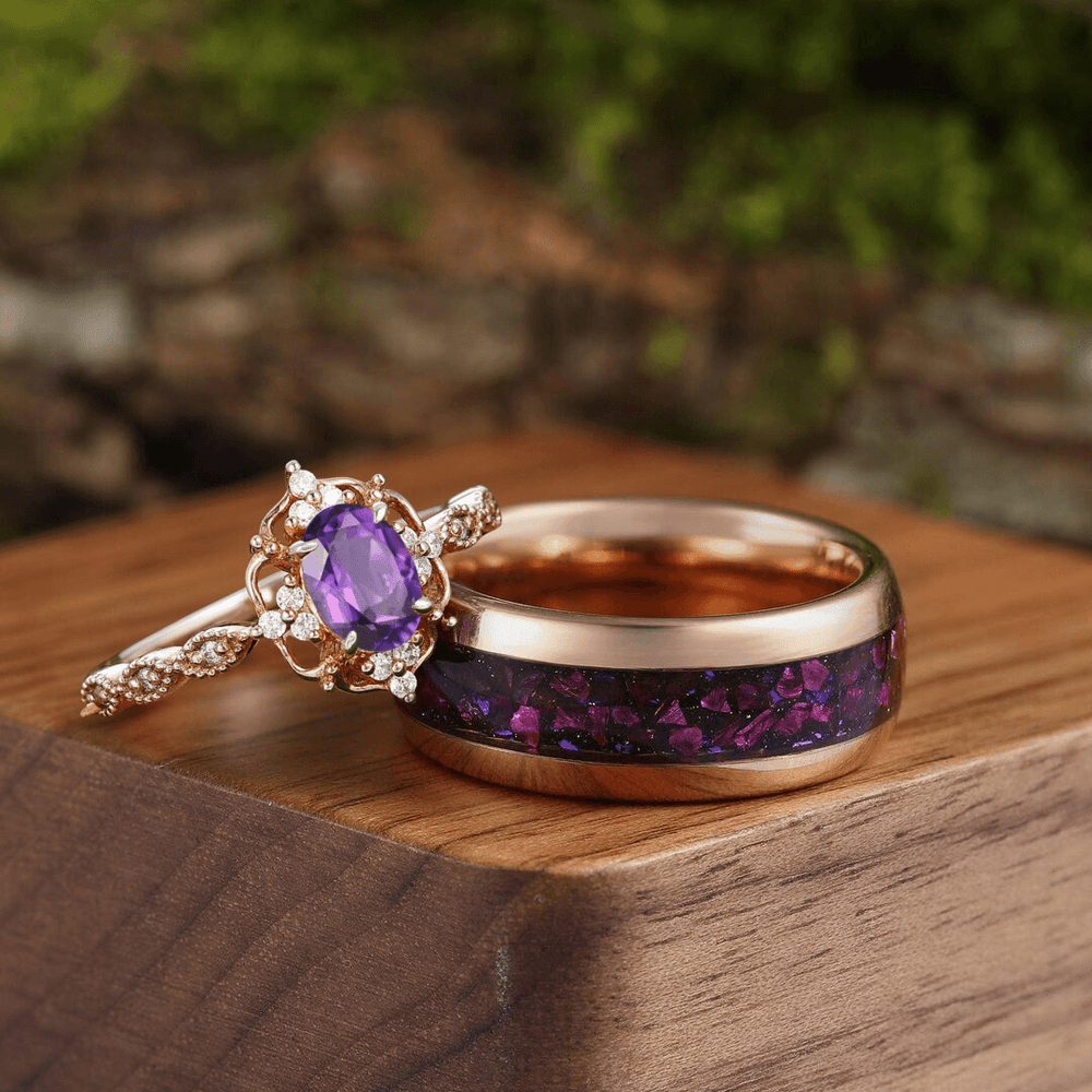 Retro Oval Amethyst Engagement Cluster Wedding Ring Set Tungsten Promise Couples Ring - Esdomera