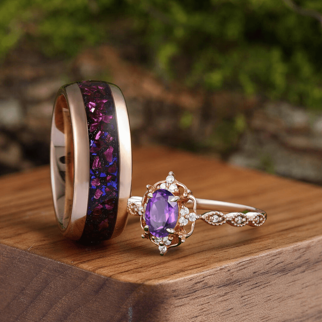 Retro Oval Amethyst Engagement Cluster Wedding Ring Set Tungsten Promise Couples Ring - Esdomera