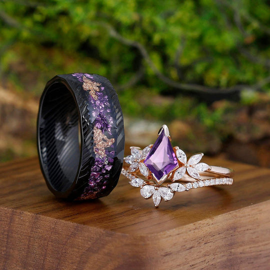 Retro Petal Amethyst Engagement Couples Ring Set S925 And Damascus Steel His and Hers Promise Band - Esdomera